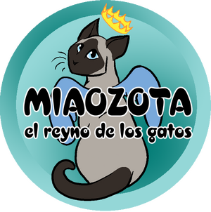 Miaozota Logotipo de un gato siamés dibujado con corona angelical y alas, con un texto que pone Miaozota, Refugio Gatuno.